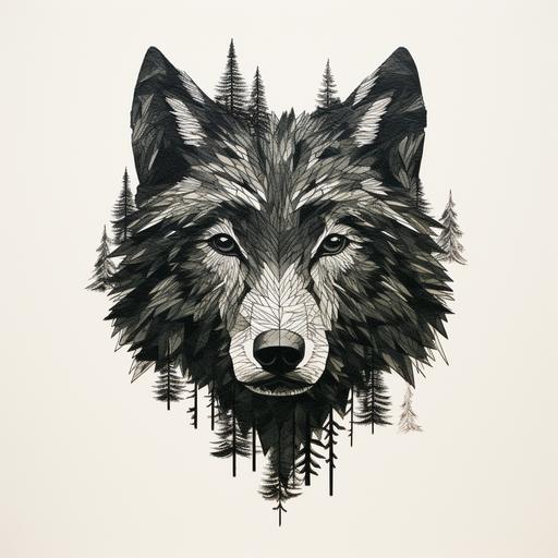 surreal minimalism, block print, wolf head