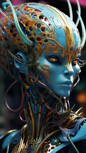 surreal minimalism character design, beautifull male alien, wearing elaborate biotech suit, roccoco face jewelry and accessories :: insectoid, colorfull alien futuristic, art nouveau liquid inspiration, futuristic dystopia, iridescent palette, phtography style of Kristian Schuller, 8k hd wallpaper 8x upscaled image, higly detailed --ar 9:16 --s 200 --v 5.2