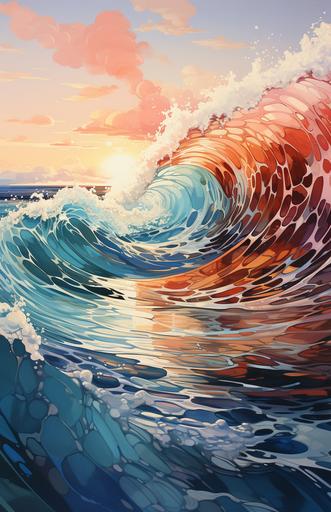 surreal minimalism. Ocean wave. Oil painting. Impasto. Translucent. Sunset. --s 750 --c 25 --ar 11:17 --style raw
