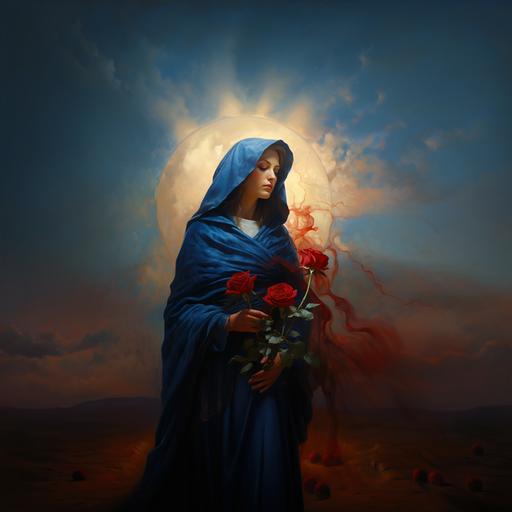 surreal mother of God, Sunny Saint Mary. a red rose on a wet sand, the road of my life is a dream and the blueness of the far blue sky, oil painting