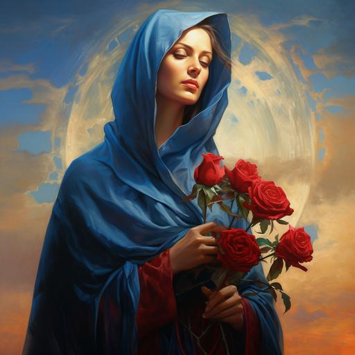 surreal mother of God, Sunny Saint Mary. a red rose on a wet sand, the road of my life is a dream and the blueness of the far blue sky, oil painting