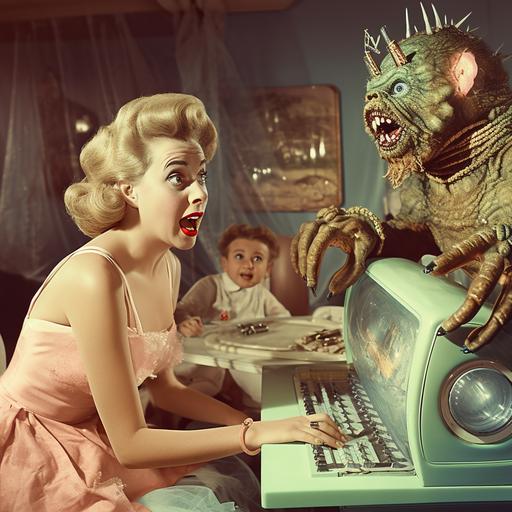 surreal outrageous glamorous sci fi thriller 1950s spectacular photorealistic kodakchrome photo about funny screaming women and artificial intelligence monsters in a sitcom