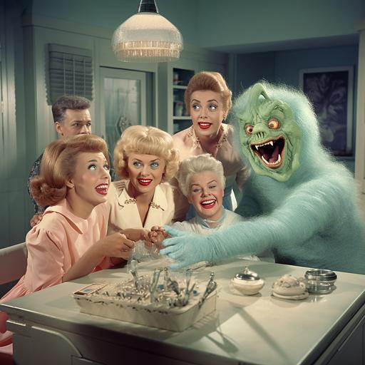 surreal outrageous glamorous sci fi thriller 1950s spectacular photorealistic kodakchrome photo about funny screaming women and artificial intelligence monsters in a sitcom