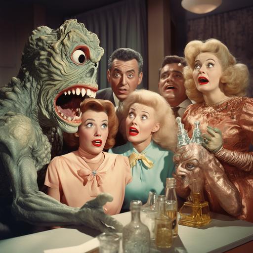 surreal outrageous glamorous sci fi thriller 1950s spectacular photorealistic kodakchrome photo about funny screaming women and artificial intelligence monsters in a sitcom