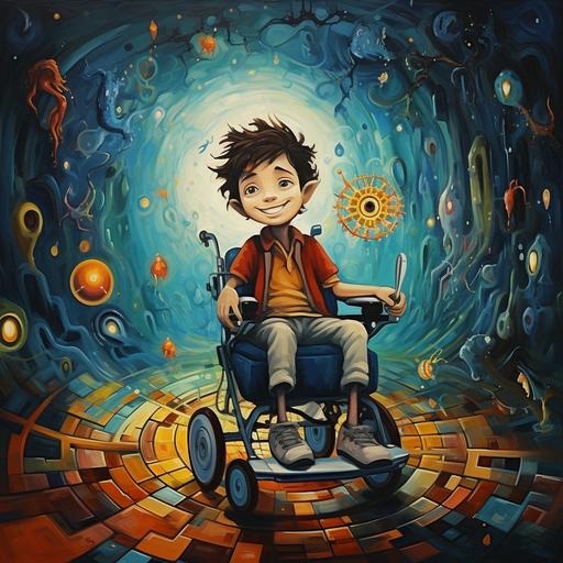 surreal painting magical kid in wheelchair cartoon