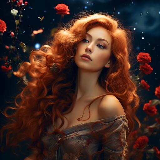 surreal portrait of beautiful lady , brown and red hairs in style , mood of love, roses frrom the hairs, full moon in the background, many flowers in the foreground