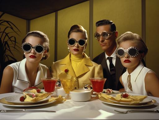 surreal retro american fashion family, eating dinner, 1950, ecliptic gold by Bill Blass, Azzedine Alaia, Simone Rocha --ar 53:40 --v 5.2 --w 10 --style raw