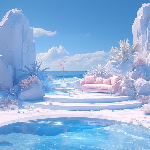 surreal seashore landscape with jewel flowers in a dream like scenery filled with magical feeling and a cute little minimal modern pink sofa right in the middle hyper realistic render photography --s 750 --niji 6