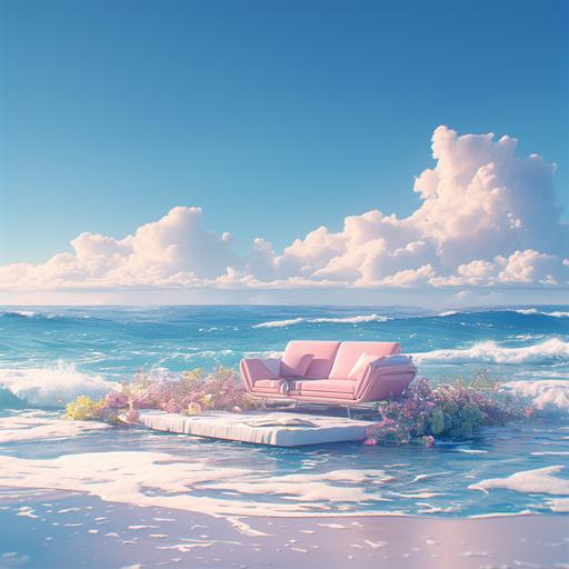 surreal seashore landscape with jewel flowers in a dream like scenery filled with magical feeling and a cute little minimal modern pink sofa right in the middle hyper realistic render photography --s 750 --niji 6