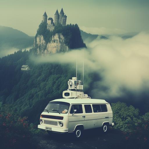surreal, slightly grainy vintage photo of 70s news van with news station logo and antenna driving down mountain below a giant castle. the van's headlights shooting through fog on mountain