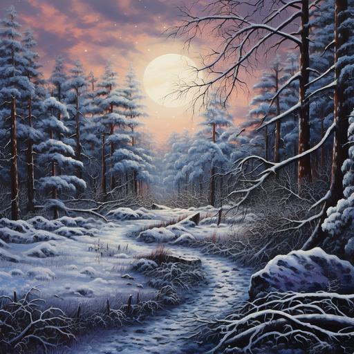 surreal snowy pine tree forest, oil painting