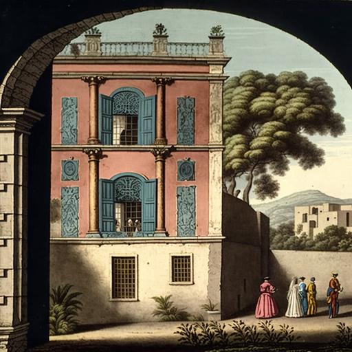 surreal spanish colonial castle, adobe, fancy windows and doors, antique 18th century colored engraving