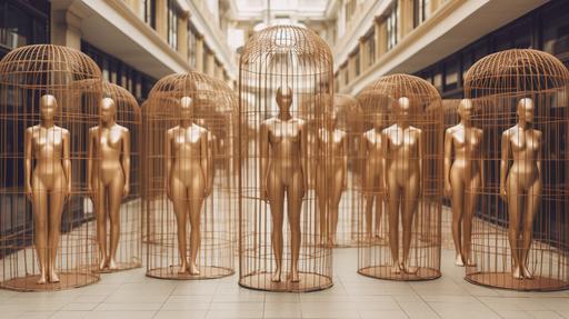 surreal street photography, disproportionate tall golden mannequins stand around birdcage, 8k quality --ar 16:9