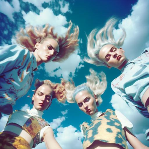 surreal tumblr amateur minimalistic wide angle fashion photo of four beautiful rave girls, dancing, blasting, photo from the 90s, sci-fi, outdoors, Jupter in sky, photorealistic, chrome metallic elements photo shoot, cinematic still shot, magazine photography, 35mm, film look
