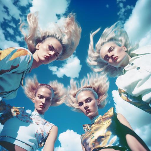 surreal tumblr amateur minimalistic wide angle fashion photo of four beautiful rave girls, dancing, blasting, photo from the 90s, sci-fi, outdoors, Jupter in sky, photorealistic, chrome metallic elements photo shoot, cinematic still shot, magazine photography, 35mm, film look
