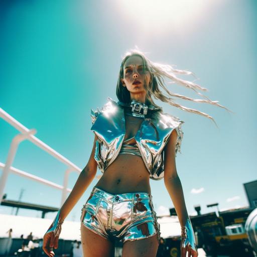 surreal tumblr amateur minimalistic wide angle fashion photo of a beautiful rave girl, dancing, photo from the 90s, sci-fi, outdoors, photorealistic, chrome metallic elements photo shoot, cinematic still shot, magazine photography, 35mm, film look