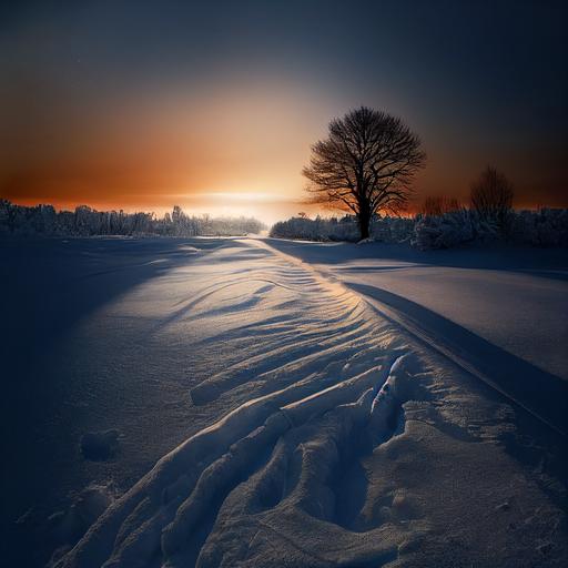 surreal wintry scene, distant blue tree, wide field of snow, lit from within, muted sunset, rabbit tracks in snow --test --creative