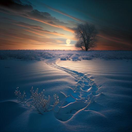 surreal wintry scene, distant blue tree, wide field of snow, lit from within, muted sunset, rabbit tracks in snow --v 4