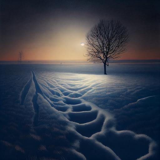 surreal wintry scene, distant blue tree, wide field of snow, lit from within, muted sunset, rabbit tracks in snow --test --creative