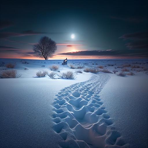 surreal wintry scene, distant blue tree, wide field of snow, lit from within, muted sunset, rabbit tracks in snow --v 4