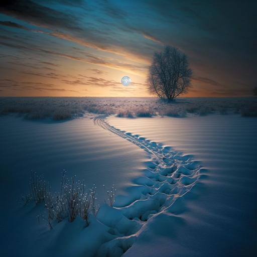 surreal wintry scene, distant blue tree, wide field of snow, lit from within, muted sunset, rabbit tracks in snow --v 4