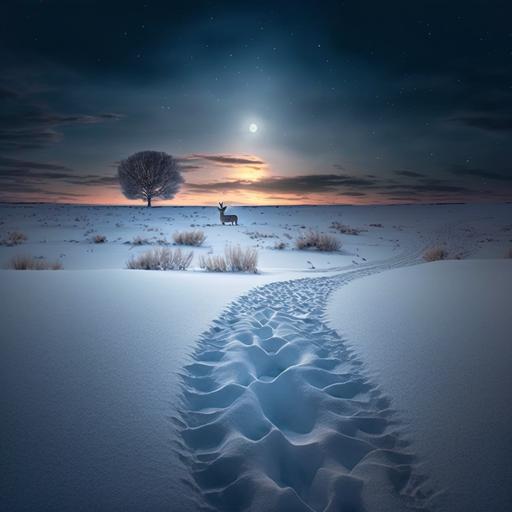 surreal wintry scene, distant blue tree, wide field of snow, lit from within, muted sunset, rabbit tracks in snow --v 4