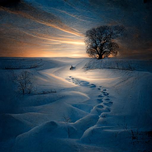 surreal wintry scene, distant blue tree, wide field of snow, lit from within, muted sunset, rabbit tracks in snow --v 4