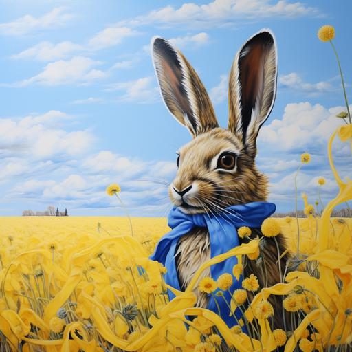 surrealism, rapeseed flowers, field hare, Swedish, blue sky, Swedish flag, cottagecore, tattoo, blue and yellow ribbon