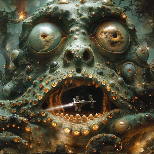 surrealism realistic photo, a green alien with space Pirate fish eyes, opens triple layered mouth so wide that an octopus spaceship flies out , laser field nostrils - Image #1  --v 6.0 --s 250