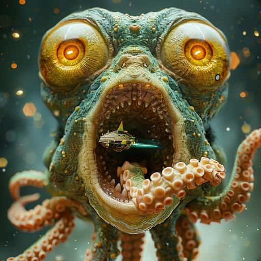 surrealism realistic photo, a green alien with space Pirate fish eyes, opens triple layered mouth so wide that an octopus spaceship flies out , laser field nostrils --v 6.0 --s 250
