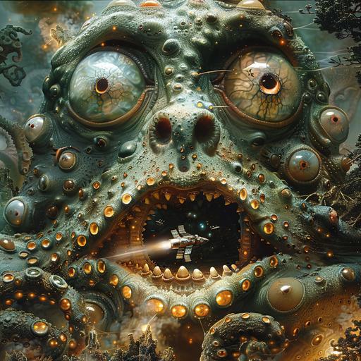 surrealism realistic photo, a green alien with space Pirate fish eyes, opens triple layered mouth so wide that an octopus spaceship flies out , laser field nostrils - Image #1  --v 6.0 --s 250