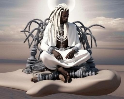 surrealism wild long dreadlock black man sitting on a blanket, in the style of zen buddhism influence, white and silver, photo taken with provia, wiccan, benin art, #vfxfriday, yankeecore --ar 5:4 --q 2 --s 750 --niji 5