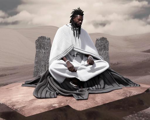 surrealism wild long dreadlock black man sitting on a blanket, in the style of zen buddhism influence, white and silver, photo taken with provia, wiccan, benin art, #vfxfriday, yankeecore --ar 5:4 --q 2 --s 750 --niji 5