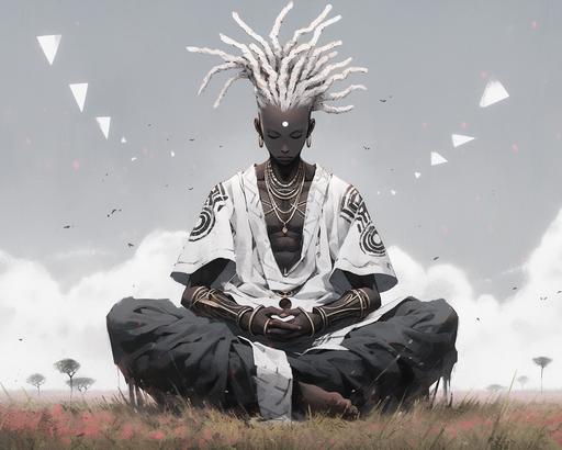 surrealism wild long dreadlock black man sitting on a blanket, in the style of zen buddhism influence, white and silver, photo taken with provia, wiccan, benin art, #vfxfriday, yankeecore --ar 5:4 --q 2 --s 750 --niji 5