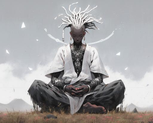 surrealism wild long dreadlock black man sitting on a blanket, in the style of zen buddhism influence, white and silver, photo taken with provia, wiccan, benin art, #vfxfriday, yankeecore --ar 5:4 --q 2 --s 750 --niji 5