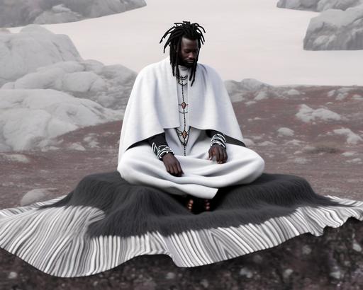 surrealism wild long dreadlock black man sitting on a blanket, in the style of zen buddhism influence, white and silver, photo taken with provia, wiccan, benin art, #vfxfriday, yankeecore --ar 5:4 --q 2 --s 750 --niji 5