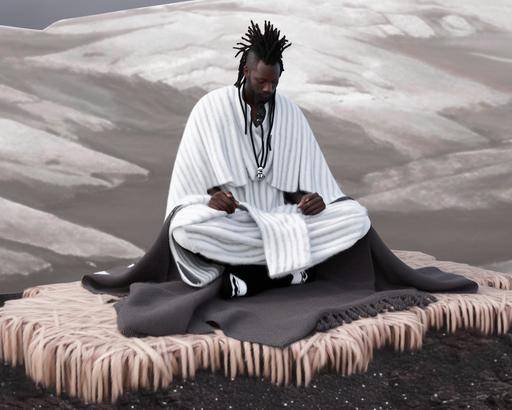 surrealism wild long dreadlock black man sitting on a blanket, in the style of zen buddhism influence, white and silver, photo taken with provia, wiccan, benin art, #vfxfriday, yankeecore --ar 5:4 --q 2 --s 750 --niji 5