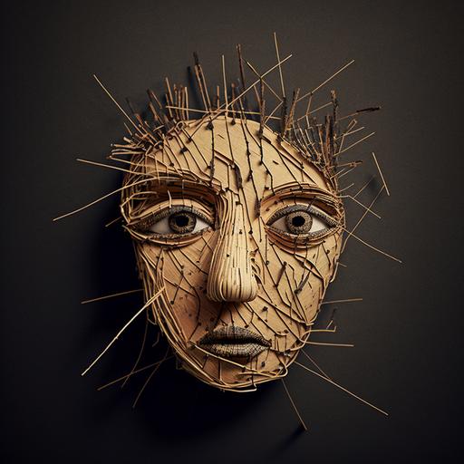 surrealist abstract face created with sticks, string, yarn , pine cones --v 4