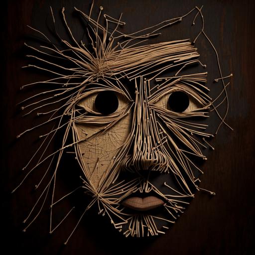 surrealist abstract face created with sticks, string, yarn , pine cones --v 4
