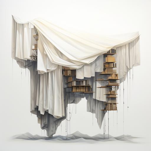 surrealist axometric collage of stacks of paper, elevated over concrete slab, sheer screen curtain, silhouette on platform, monolith blade wall, white background, photorealistic