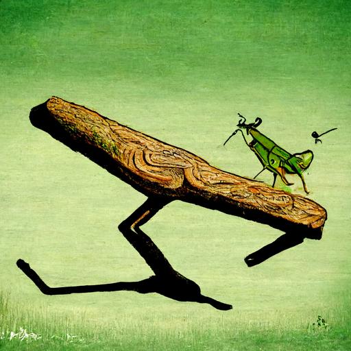 surrealist cartoon of a grasshopper painting a picture of a forest sitting on a log