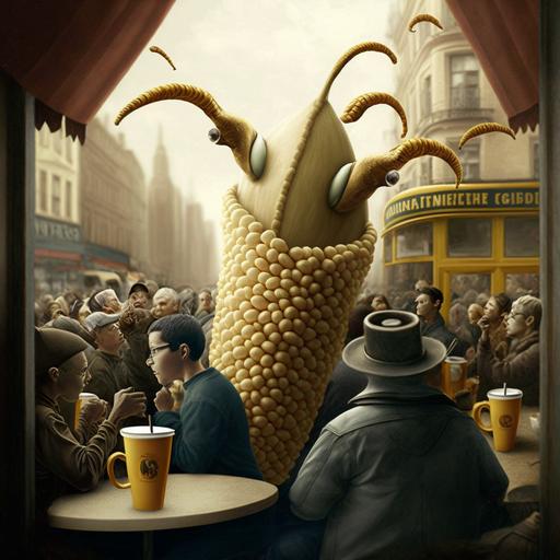 surrealist corn having coffee at a crowded coffee shop --v 4