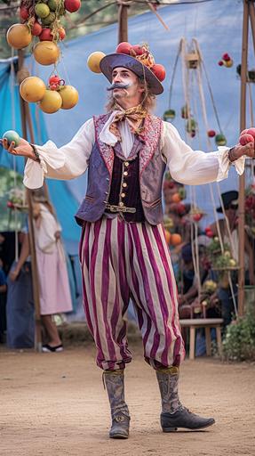 surrealist full body photography of a renaissance juggler performing at a surreal renaissance fair, full body shot including renaissance clown shoes and renaissance funny hat, juggling fruit, telephoto lens, --ar 9:16 --v 5.1