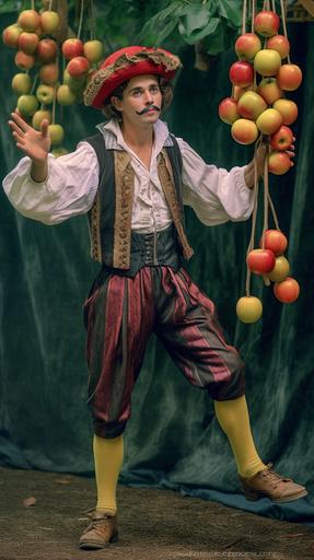 surrealist full body photography of a renaissance juggler performing at a surreal renaissance fair, full body shot including renaissance clown shoes and renaissance funny hat, juggling fruit, telephoto lens, --ar 9:16 --v 5.1