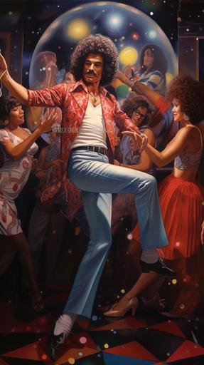 surrealist full body portrait including feet, 1970s disco, big hair, dancing, holding a bottle, at a crowded disco bar, vintage clothes, extremely detailed, extremely realistic. --ar 9:16