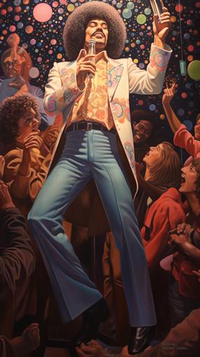 surrealist full body portrait including feet, 1970s disco, big hair, dancing, holding a bottle, at a crowded disco bar, vintage clothes, extremely detailed, extremely realistic. --ar 9:16