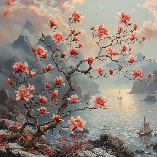 surrealist japanese painting of a magnolia branch blooming red and pink flowers in a Norwegian Fiordland, swirled of mist creating wavy Fibonacci cloud patterns, steep rocks, sunrise on the horizon line. fishing boats in the background with seagulls flying above, bright colors, sunrise tones, and Rembrandt lighting. surrealist x-ray nature poster--ar 131:97 --stylize 1000 --v 6.0