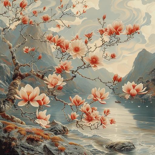 surrealist japanese painting of a magnolia branch blooming red and pink flowers in a Norwegian Fiordland, swirled of mist creating wavy Fibonacci cloud patterns, steep rocks, sunrise on the horizon line. fishing boats in the background with seagulls flying above, bright colors, sunrise tones, and Rembrandt lighting. surrealist x-ray nature poster--ar 131:97 --stylize 1000 --v 6.0