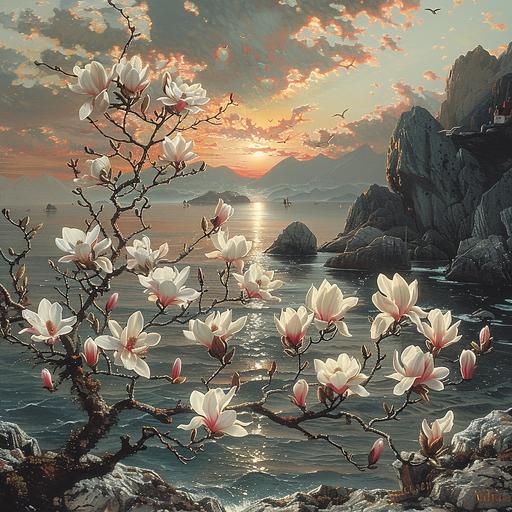 surrealist representation, inspired by dali, of magnolia branch blooming white and pink flowers in a Norwegian Fiordland, swirled of mist create wavy patterns, steep rocks, sunrise on the horizon line, fishing boats in the background with seagulls flying above, bright colors, sunrise tones, and Rembrandt lighting. surrealist nature poster--ar 31:16 --stylize 1000 --v 6.0