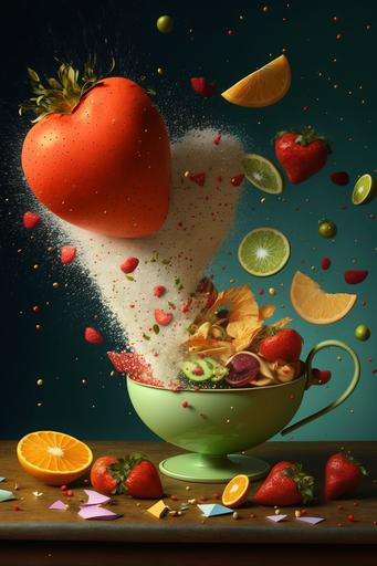 surrealist still life by Veneer, lemons, limes, mandarin oranges, strawberries,heart-shaped in confetti falling in background --no skulls --v 4 --ar 2:3
